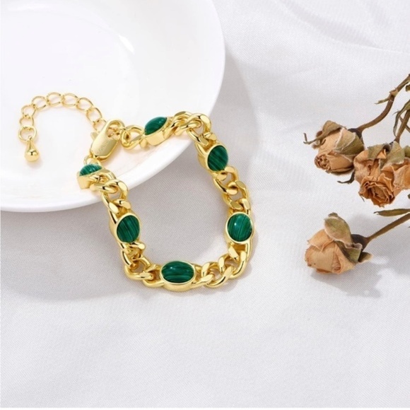 Gold 18k Gold Plated Green Stone Chain Bracelet - Picture 1 of 3